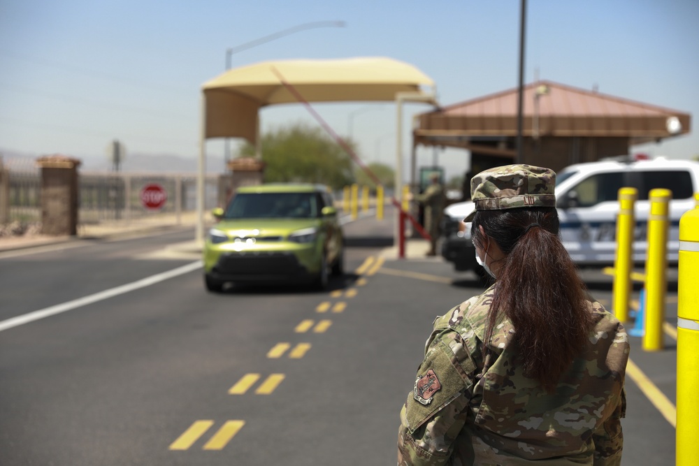 Arizona Air National Guard conduct temperature checks at Goldwater Air National Guard Base.