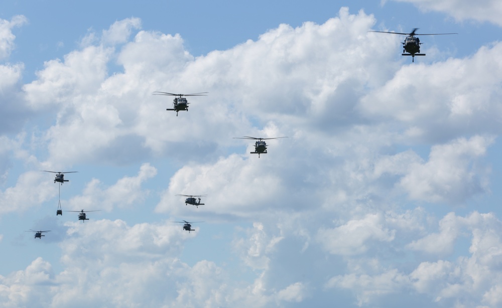 Blackhawk Helicopters fly overhead