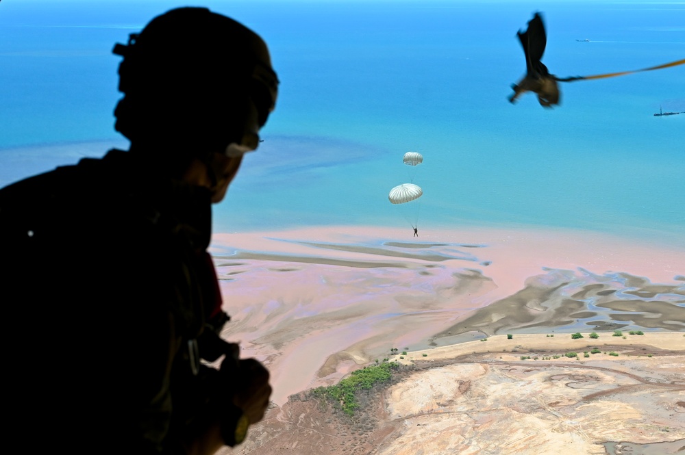 U.S. Air Force Pararescue Airmen and U.S. Navy Explosive Ordnance Disposal members Jump in East Africa