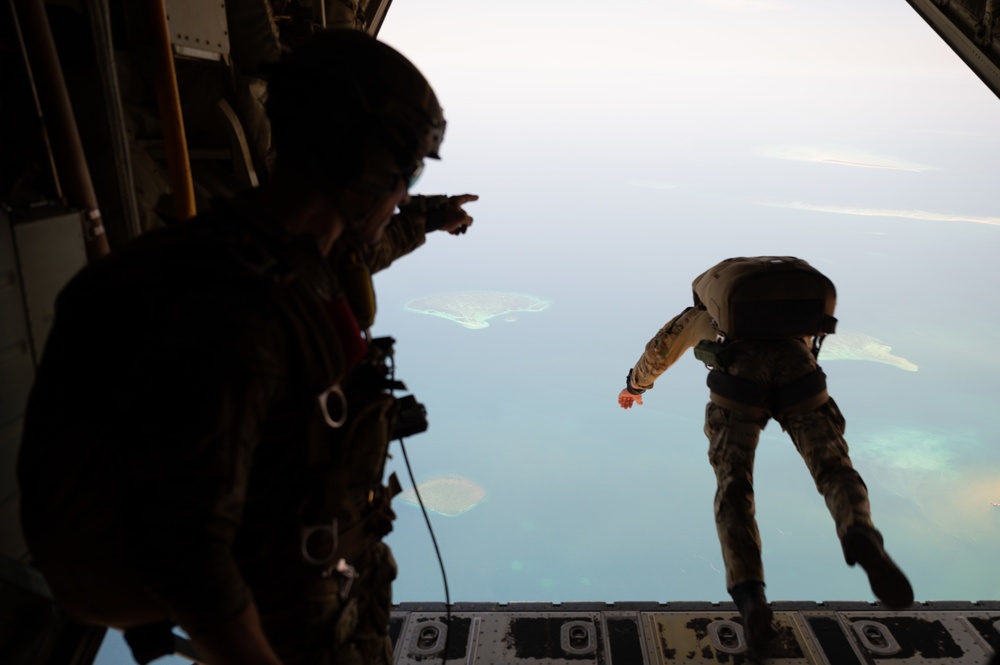 U.S. Air Force Pararescue Airmen and U.S. Navy Explosive Ordnance Disposal members Jump in East Africa