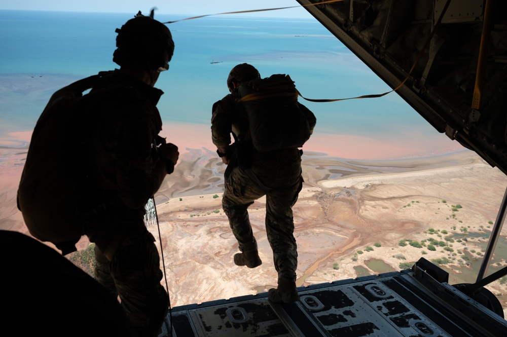 U.S. Air Force Pararescue Airmen and U.S. Navy Explosive Ordnance Disposal members Jump in East Africa