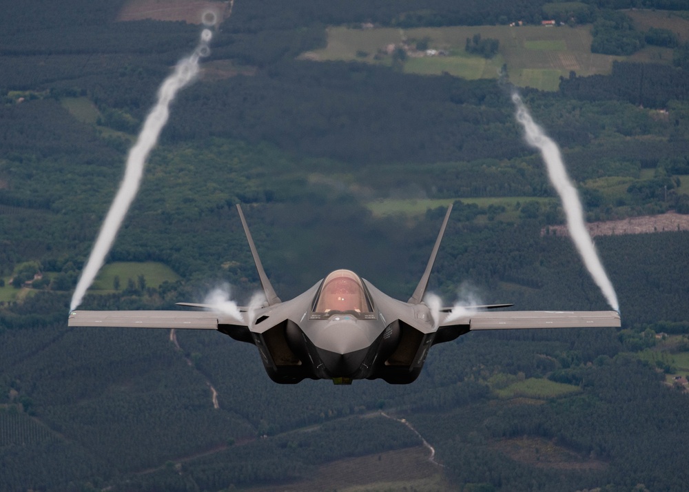 U.S. Air Force F-35As and French Rafales perform formation flight over France