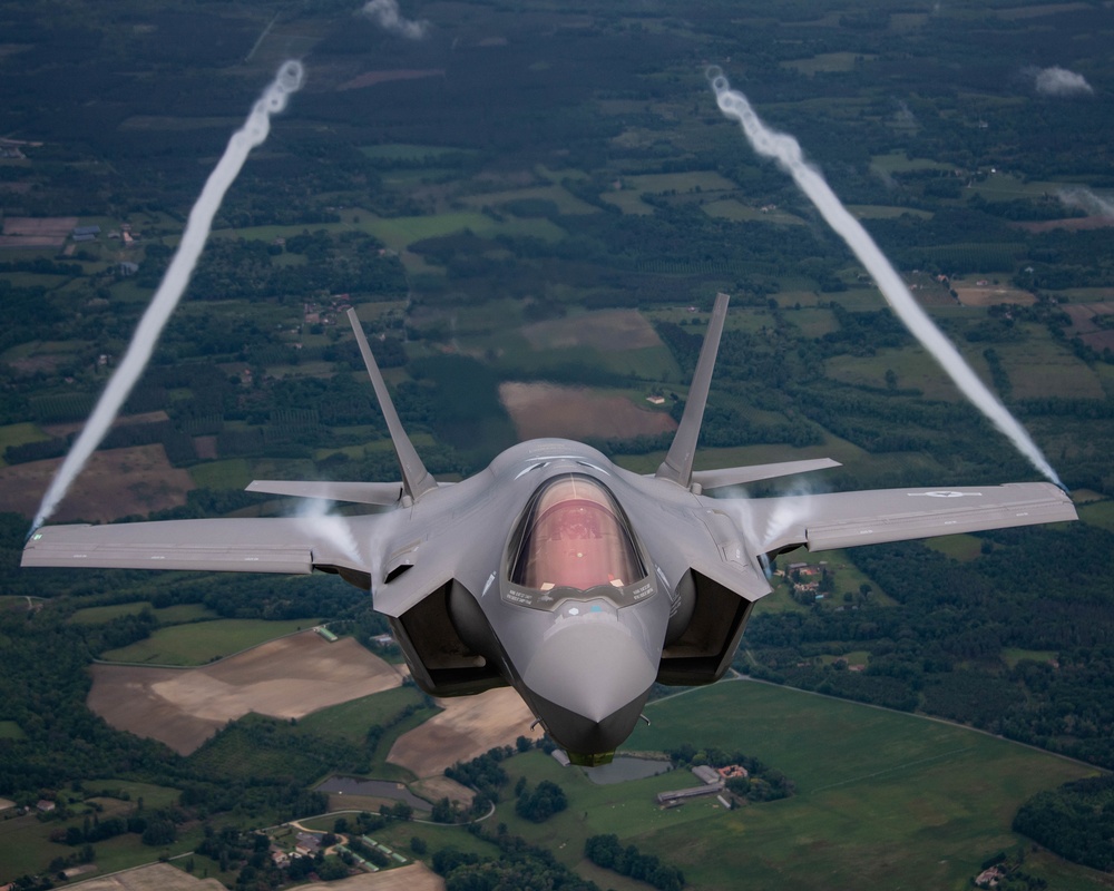 U.S. Air Force F-35As and French Rafales perform formation flight over France