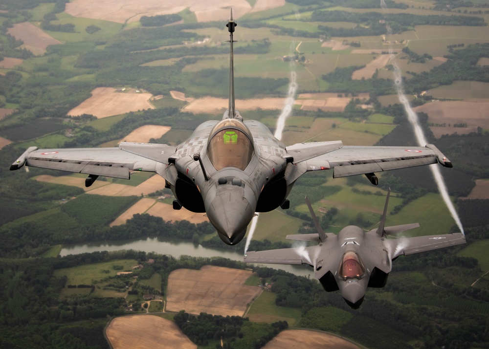 U.S. Air Force F-35As and French Rafales perform formation flight over France