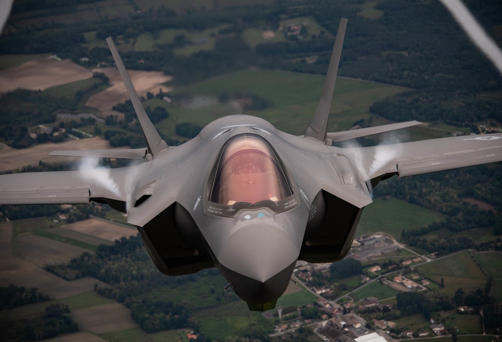 U.S. Air Force F-35As and French Rafales perform formation flight over France