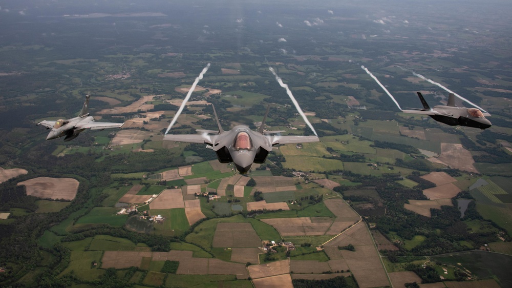 U.S. Air Force F-35As and French Rafales perform formation flight over France