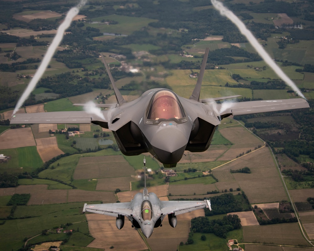 U.S. Air Force F-35As and French Rafales perform formation flight over France