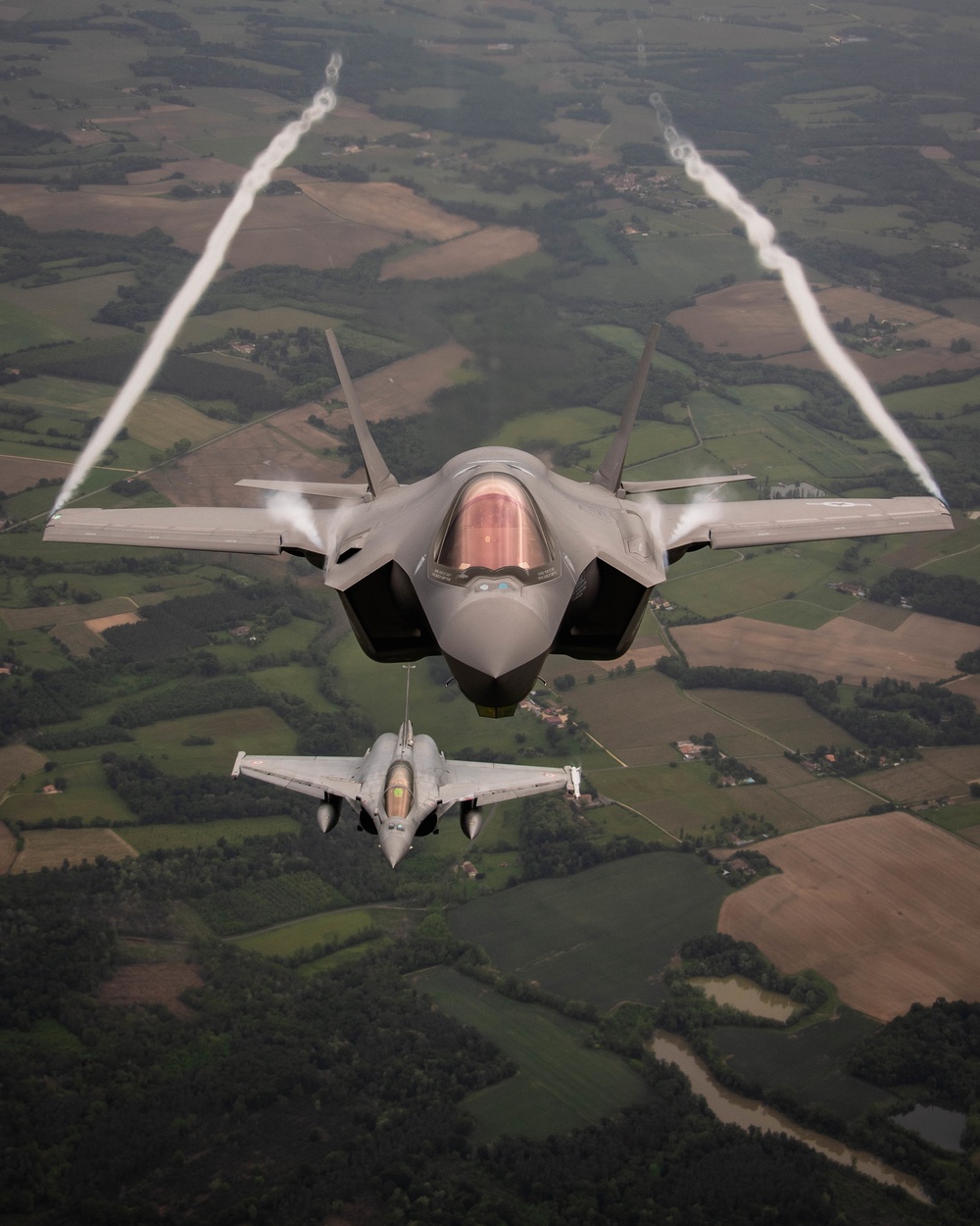 U.S. Air Force F-35As and French Rafales perform formation flight over France