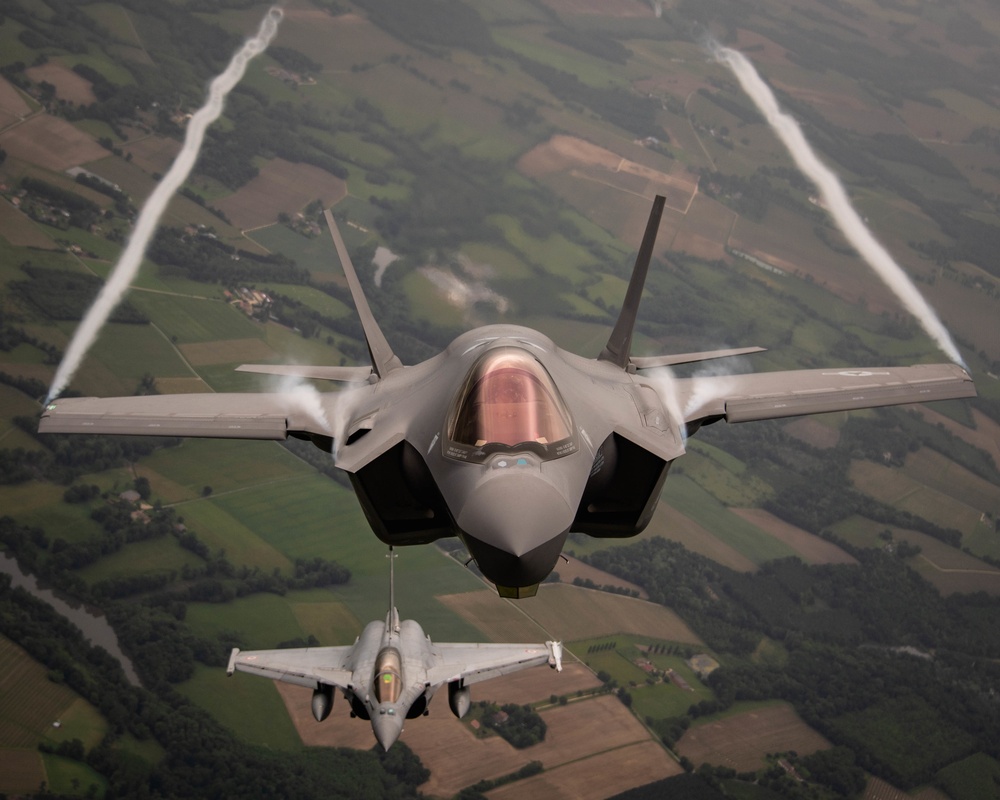 U.S. Air Force F-35As and French Rafales perform formation flight over France