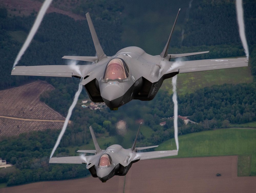 U.S. Air Force F-35As and French Rafales perform formation flight over France