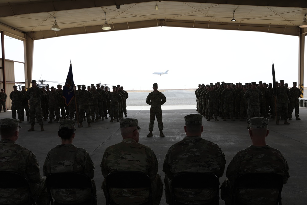 Transfer Of Authority ceremony with Task Force Raptor, 1st Battalion, 168th Aviation Regiment (General Support Aviation Battalion) officially assumed the mission from Task Force Coyote, 2nd Battalion, 104th Aviation Regiment (GSAB)