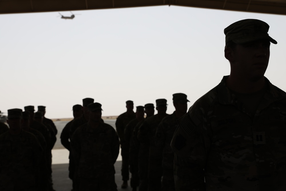 Transfer Of Authority ceremony with Task Force Raptor, 1st Battalion, 168th Aviation Regiment (General Support Aviation Battalion) officially assumed the mission from Task Force Coyote, 2nd Battalion, 104th Aviation Regiment (GSAB)