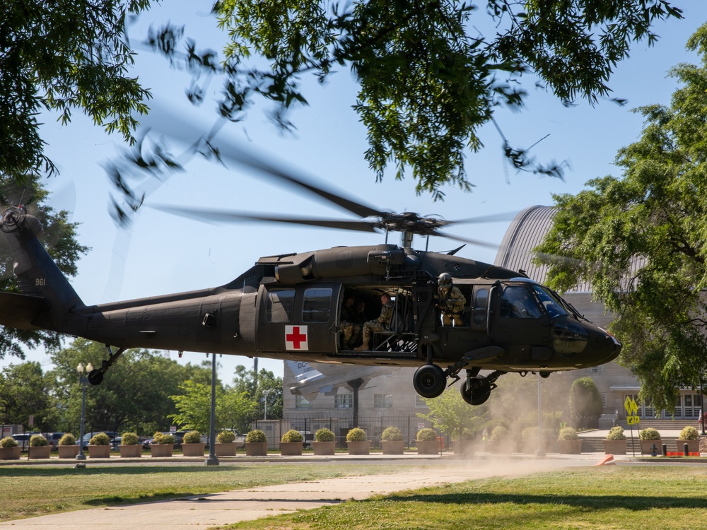 UH-60L MEDEVAC helicopter lands outside D.C. Armory
