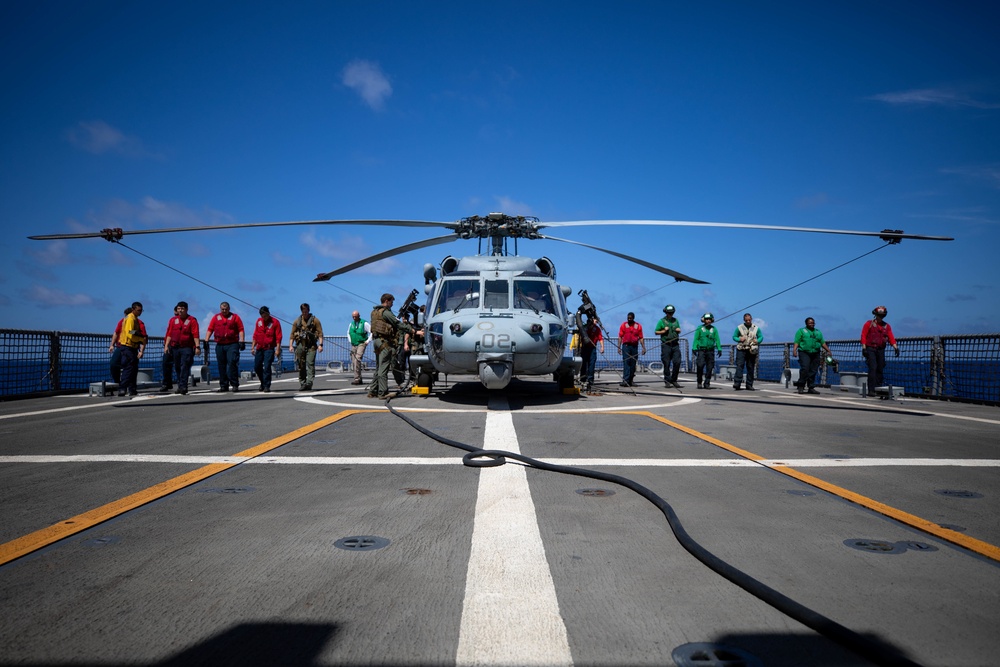 USS Sioux City and HSC 22 Sailors Conduct a FOD Walkdown on the Flight Deck