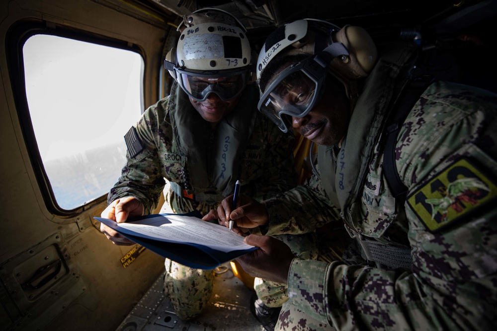 USS Sioux City Sailor Reenlists in Helicopter