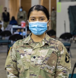U.S. Army Spc. Monica Hish discusses her role at the Cleveland Community Vaccination Center