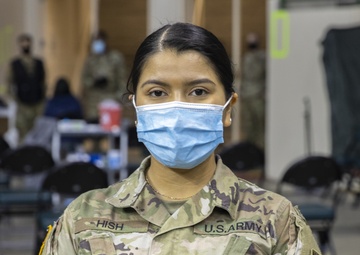 U.S. Army Spc. Monica Hish discusses her role at the Cleveland Community Vaccination Center