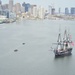 USS Constitution is tugged through the Boston harbor