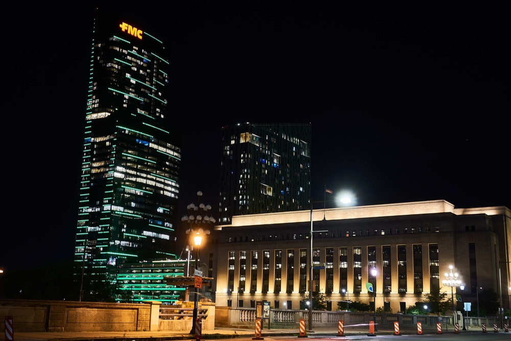 Philadelphia skyline lit up in honor of whole-of-government vaccination effort