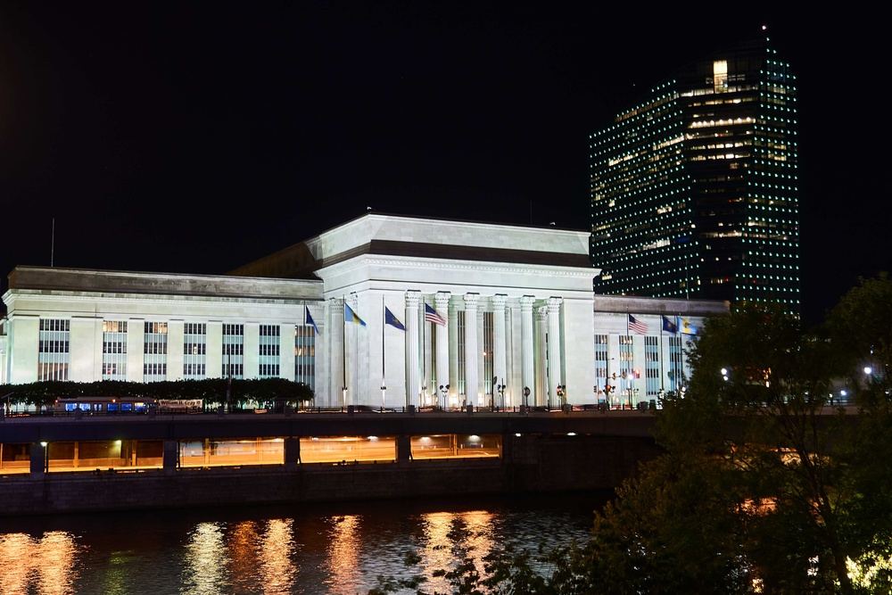 Philadelphia skyline lit up in honor of whole-of-government vaccination effort