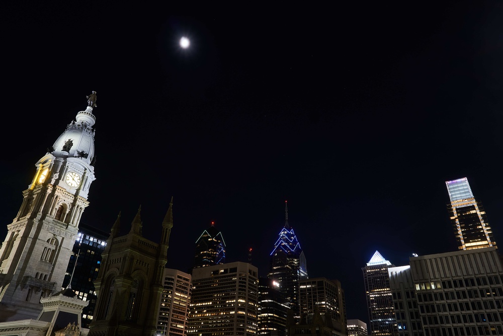 Philadelphia skyline lit up in honor of whole-of-government vaccination effort