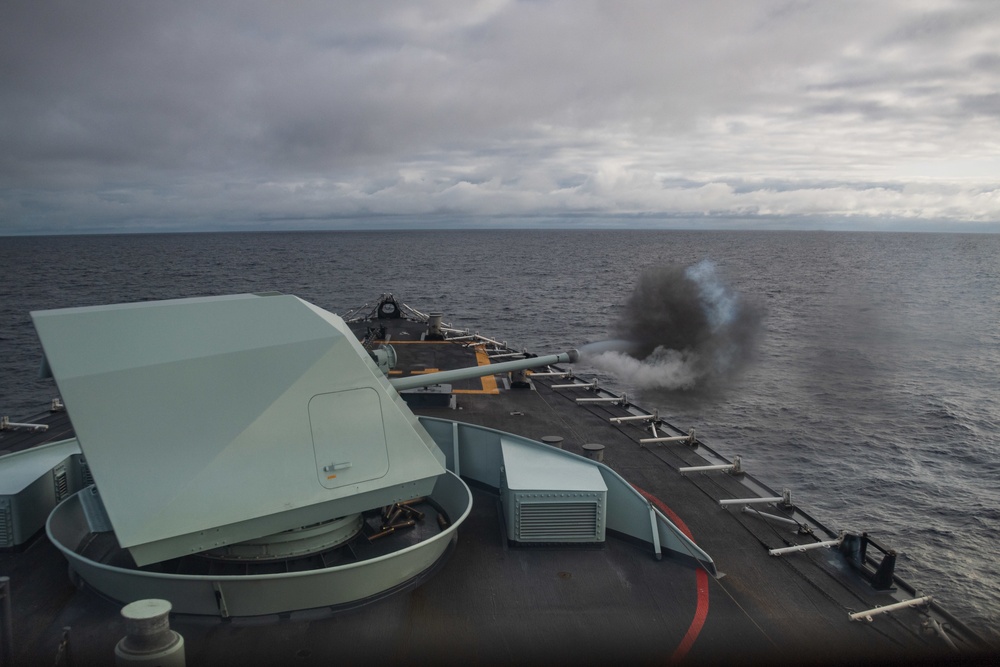 Standing NATO Maritime Group One Flagship Her Majesty’s Canadian Ship Halifax conducts a 57mm main gun training