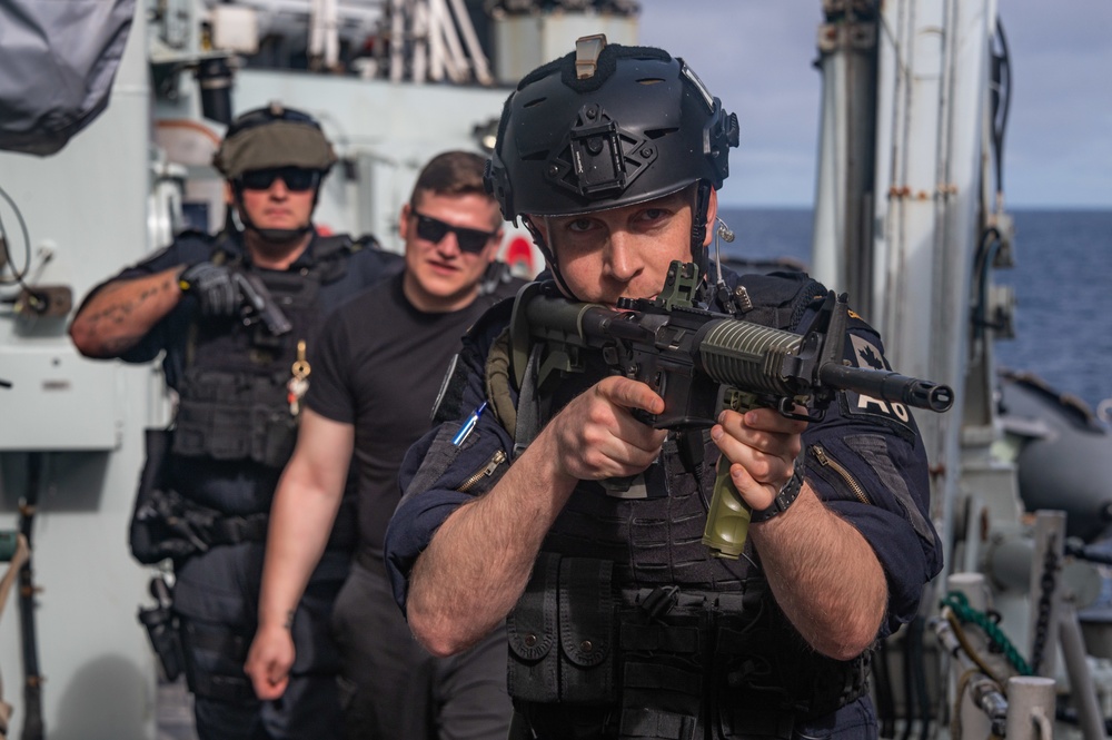 The Naval Boarding Party Team of Standing NATO Maritime Group One Flagship Her Majesty’s Canadian Ship Halifax conducts a self-boarding training serial off the coast of Portugal