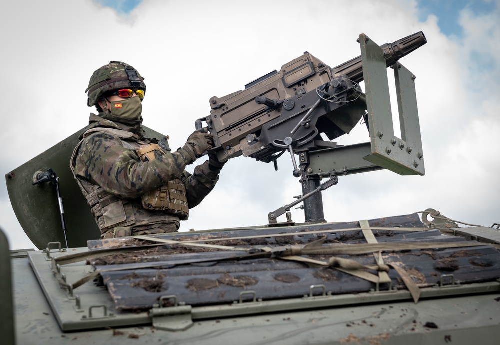 A Spanish Soldier assigned to the VII Brigade BRILAT mans a gun mount while conducting reconnaissance training during Exercise Steadfast Defender 2021 in Romania. More than 270 Spanish troops deployed to Romania in support of the exercise