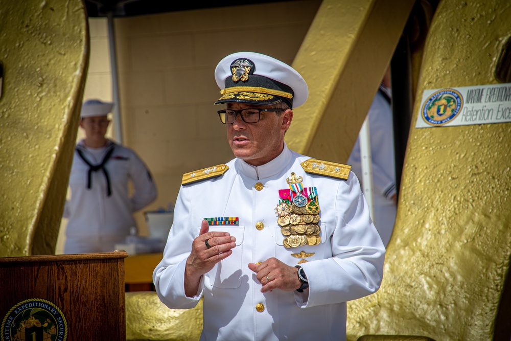 Rear Adm. DiGuardo delivers remarks during Maritime Expeditionary Security Group ONE Change of Command