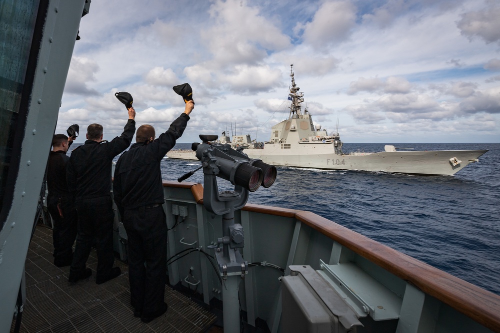Standing NATO Maritime Group One (SNMG1) Flagship HMCS Halifax conducts a sail past with Standing NATO Maritime Group Two (SNMG2) Flagship ESPS Méndez Núñez off the coast of Portugal