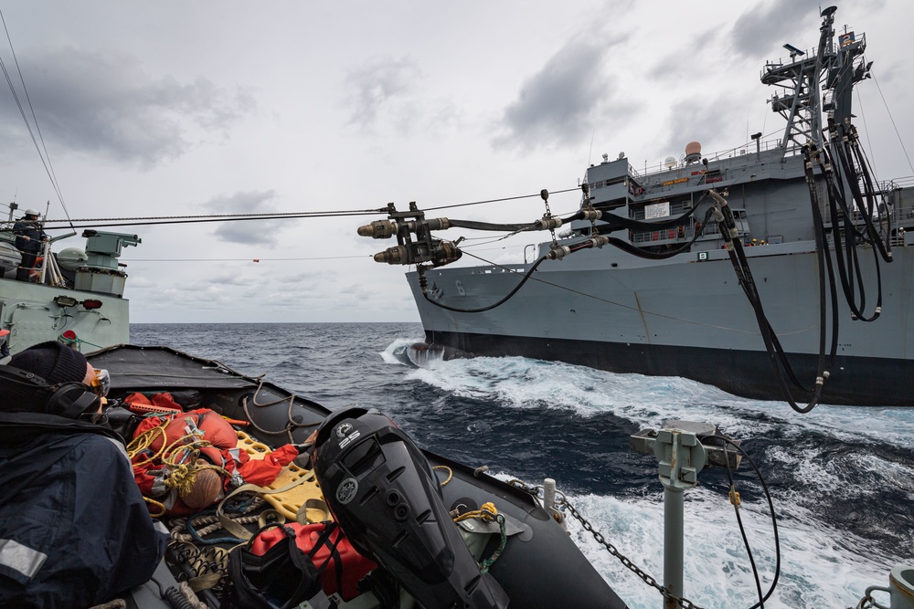 Standing NATO Maritime Group One (SNMG1) Flagship HMCS Halifax conducts a Replenishment-At-Sea (RAS) with USNS Supply off the coast of Portugal