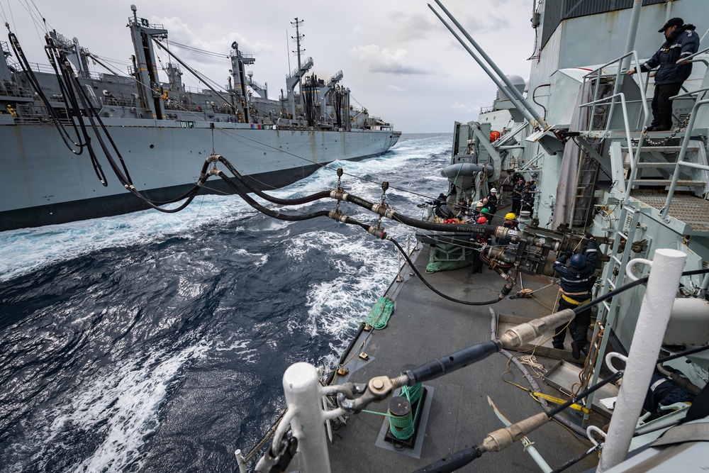 Standing NATO Maritime Group One (SNMG1) Flagship HMCS Halifax conducts a Replenishment-At-Sea (RAS) with USNS Supply off the coast of Portugal