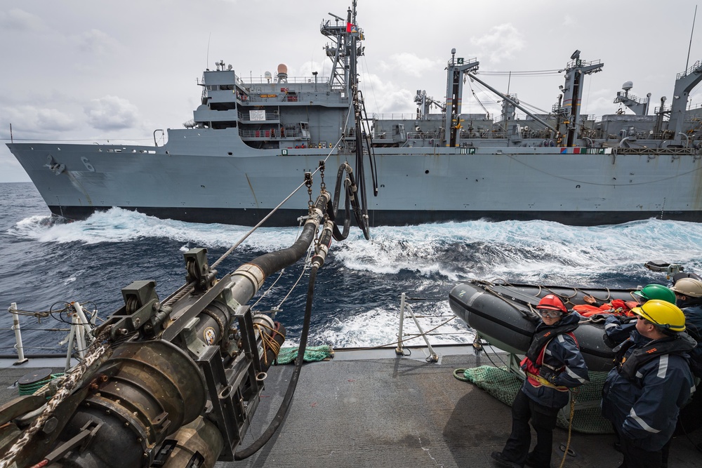 Standing NATO Maritime Group One (SNMG1) Flagship HMCS Halifax conducts a Replenishment-At-Sea (RAS) with USNS Supply off the coast of Portugal