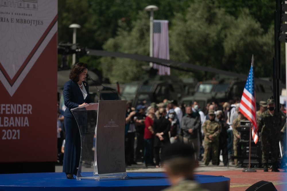 U.S. Ambassador Yuri Kim speaks at Albanian Capital during Immediate Response 21 final ceremony