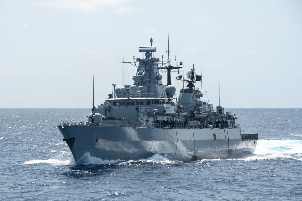 FGS Brandenburg (F215) sailing past Standing Nato Maritime Group 2 (SNMG2) Flagship ESPS Mendez Nunez  prior to her departure from NATO Steadfast Defender 2021.