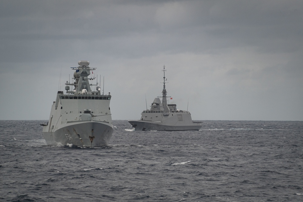 Standing NATO Maritime Group One (SNMG1) ships HDMS Absalon and FS Normandie conduct fleet manoeuvres and other training serials off the coast of Portugal during Exercise Steadfast Defender 21