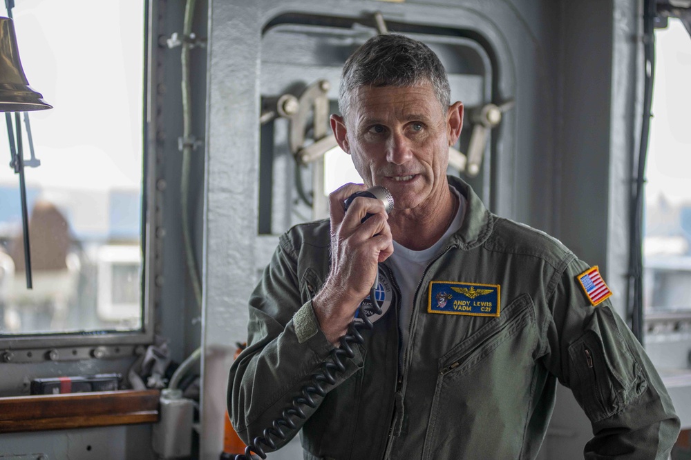 Vice Adm. Andrew Lewis, commander, Joint Force Command Norfolk (JFCNF), and commander, U.S. Second Fleet, addresses the crew of the Blue Ridge-class command and control ship USS Mount Whitney