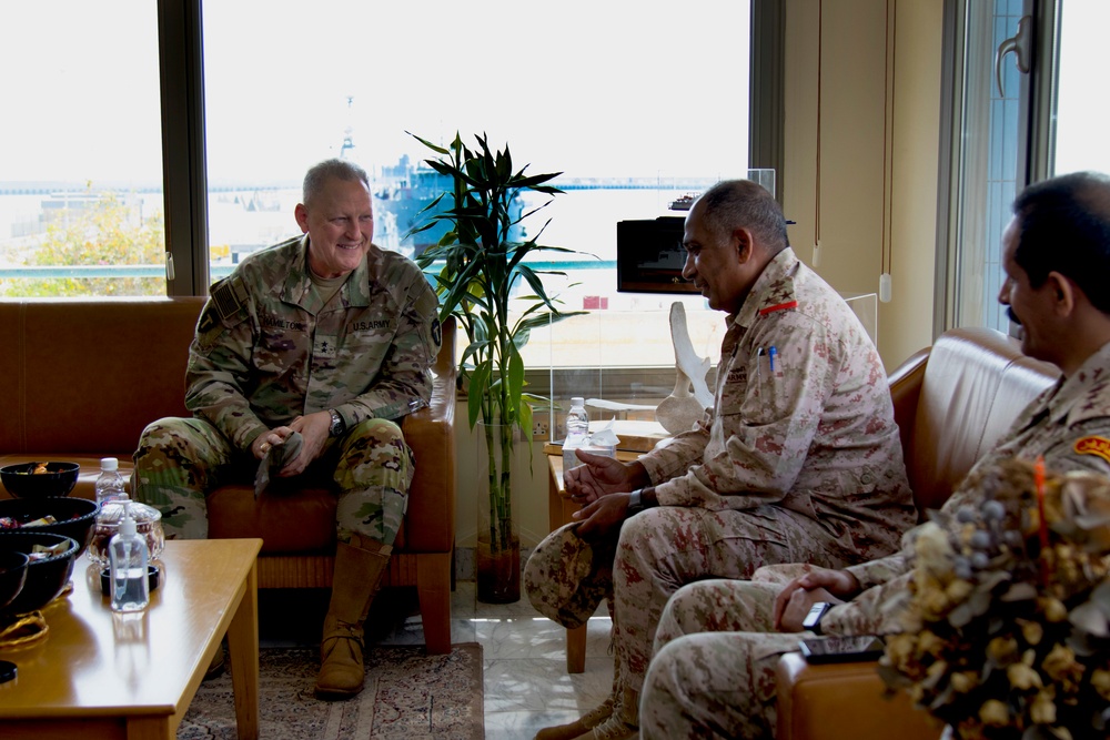 Task Force Spartan Commanding General and Kuwait Deputy Chief of Naval Forces speak after legal symposium