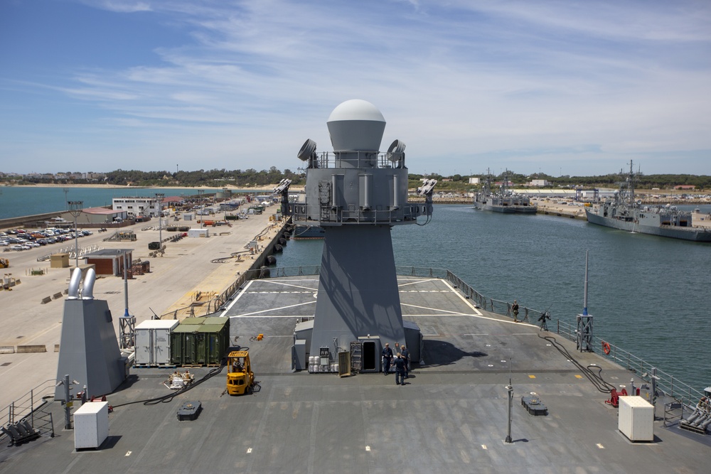 The Blue Ridge-class command and control ship USS Mount Whitney (LCC 20) prepares to get underway in Rota, Spain during Steadfast Defender 2021