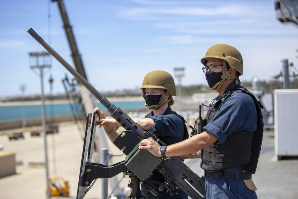 Sailors stand small craft attack team watch aboard the Blue Ridge-class command and control ship USS Mount Whitney (LCC 20) in Rota, Spain during Steadfast Defender 2021