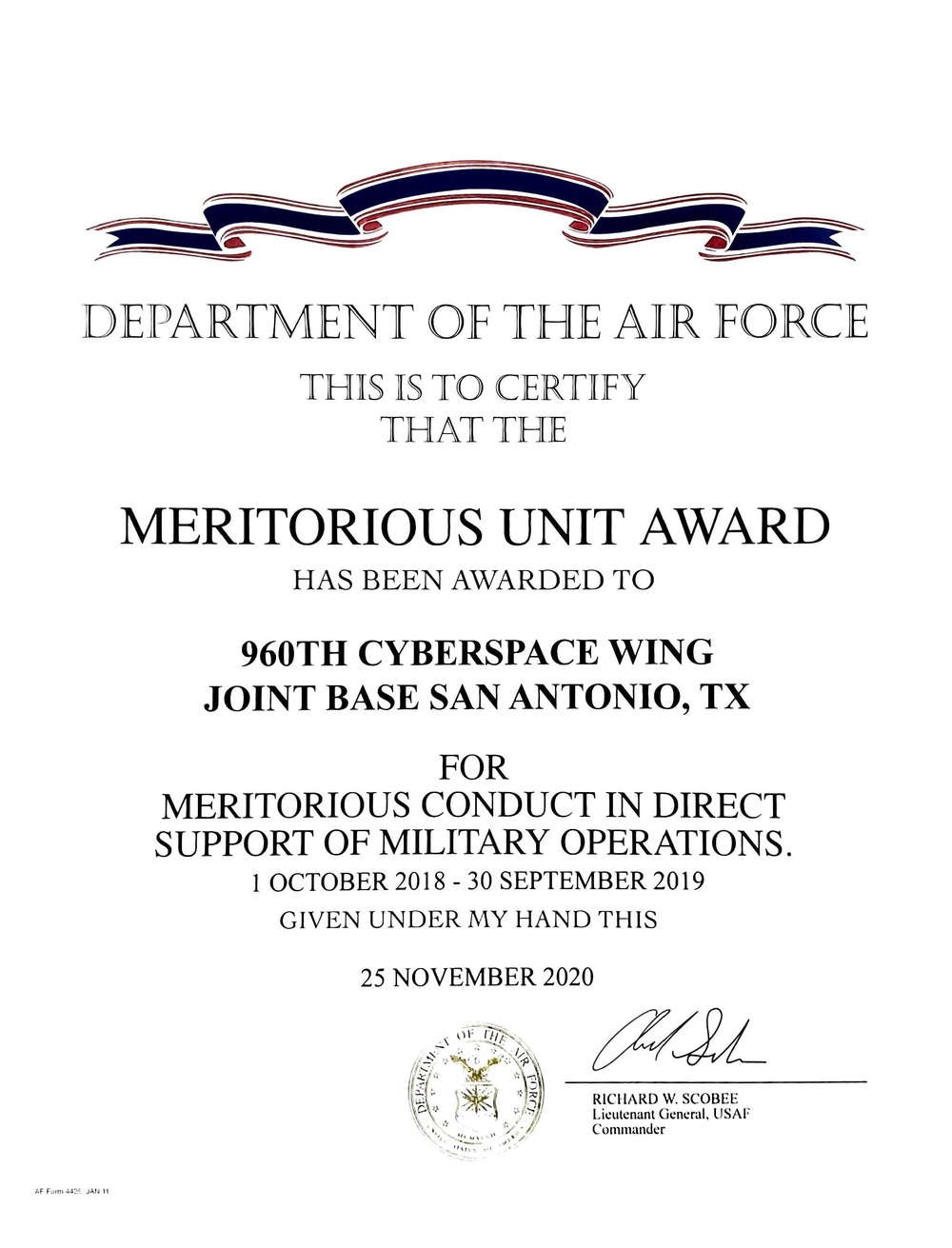 960th Cyberspace Wing awarded Meritorious Unit Award