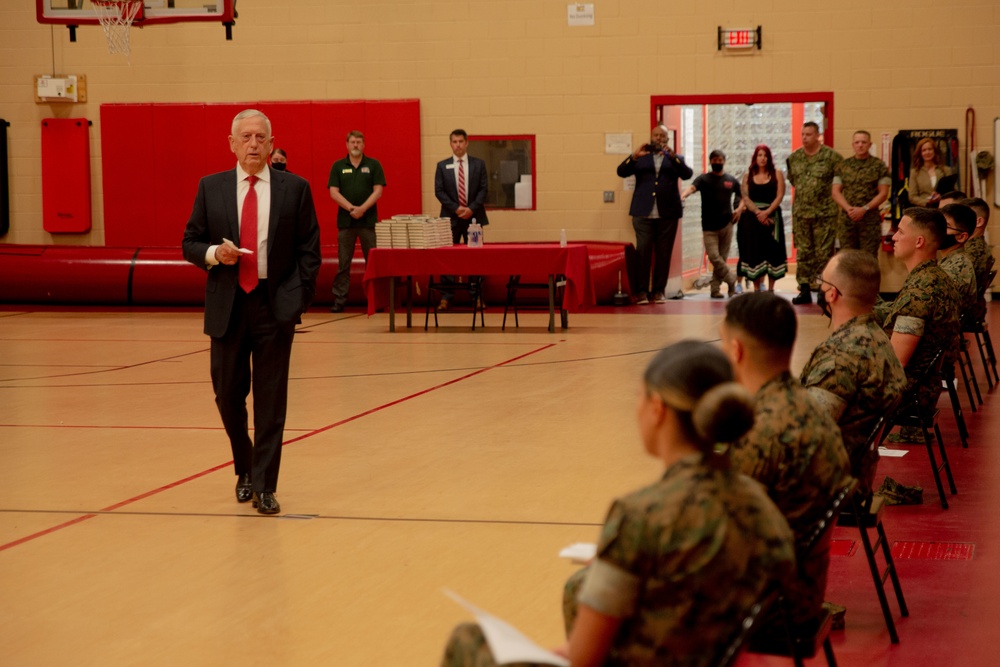 Retired U.S. Marine Corps General and former Secretary of Defense James Mattis visits Headquarters and Service Battalion, Fleet Marine Force Atlantic, U.S. Marine Corps Forces Command.