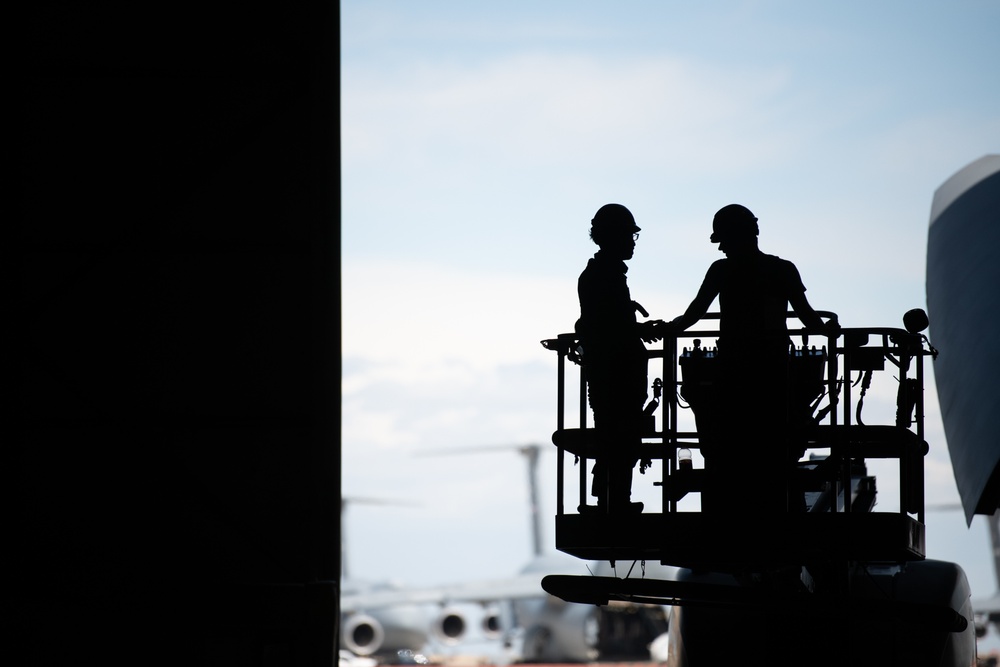 Airmen repair C-5M Super Galaxy at Travis AFB