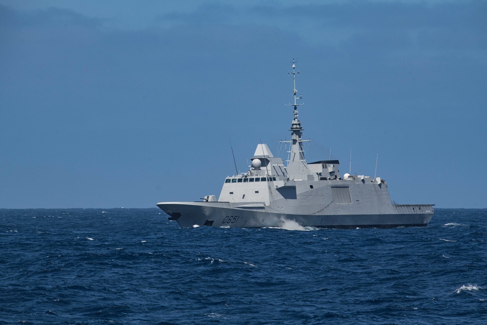 Standing NATO Maritime Group One (SNMG1) ship FS Normandie conducts manoeuvres off the coast of Portugal