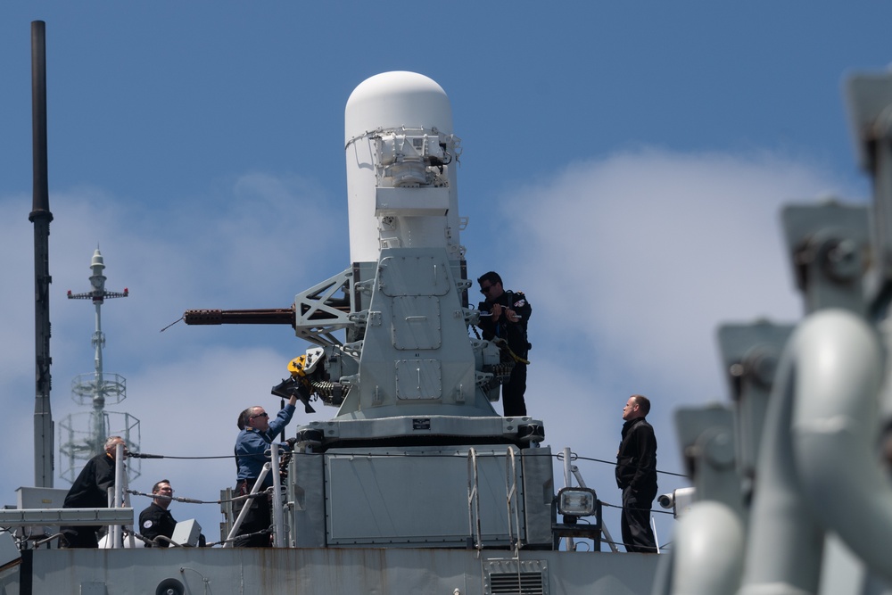 The Combat Systems Engineering Department of Standing NATO Maritime Group One Flagship HMCS Halifax conducts Close-In Weapons System pre-fire checks and ammunition loading