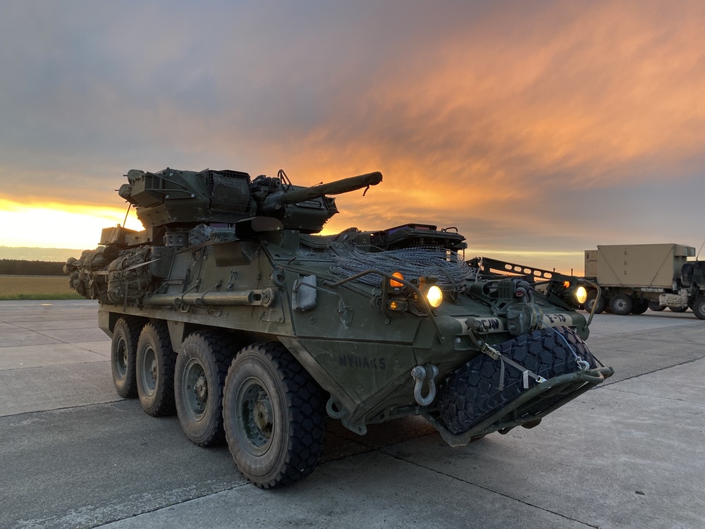 A M1296 Stryker Infantry Carrier Dragoon (ICV-D) prepares to depart Malacky Air Base, Slovakia