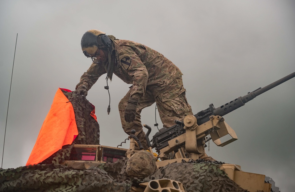 A Soldier assigned to US Army 3rd Platoon ‘C’ 25th Cavalry, mans a M1-A2 Abrams tank during a demonstration for NATO Exercise Steadfast Defender 2021