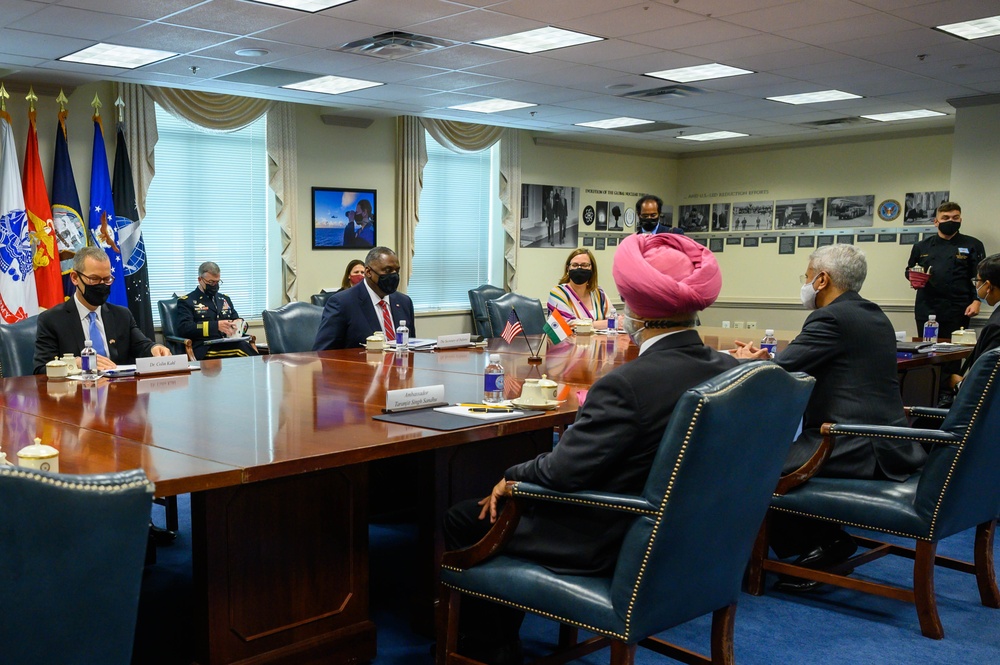 Secretary of Defense Lloyd J. Austin III meets with External Affairs of the Government of India Subrahmanyam Jaishankar
