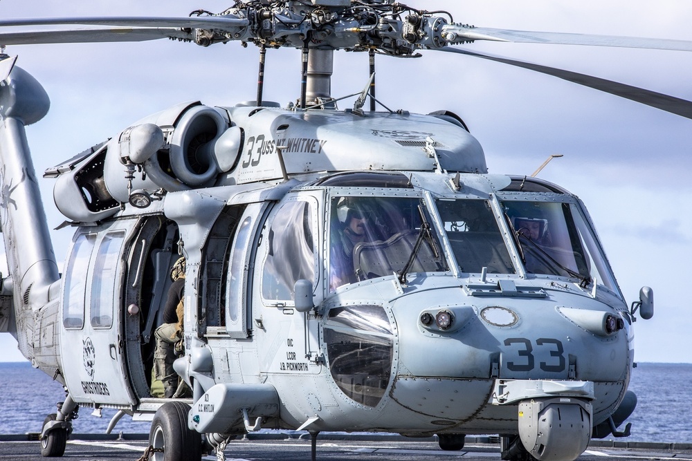 An MH-60 Sea Hawk helicopter prepares for flight operations during Steadfast Defender 2021