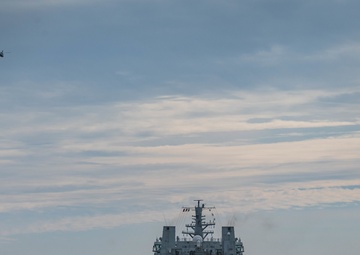 Standing NATO Maritime Group One (SNMG1) ships HDMS Absalon (at left) and FS Normandie (at right) conduct a Replenishment-At-Sea (RAS) with RFA Tidespring during Exercise Steadfast Defender 2021